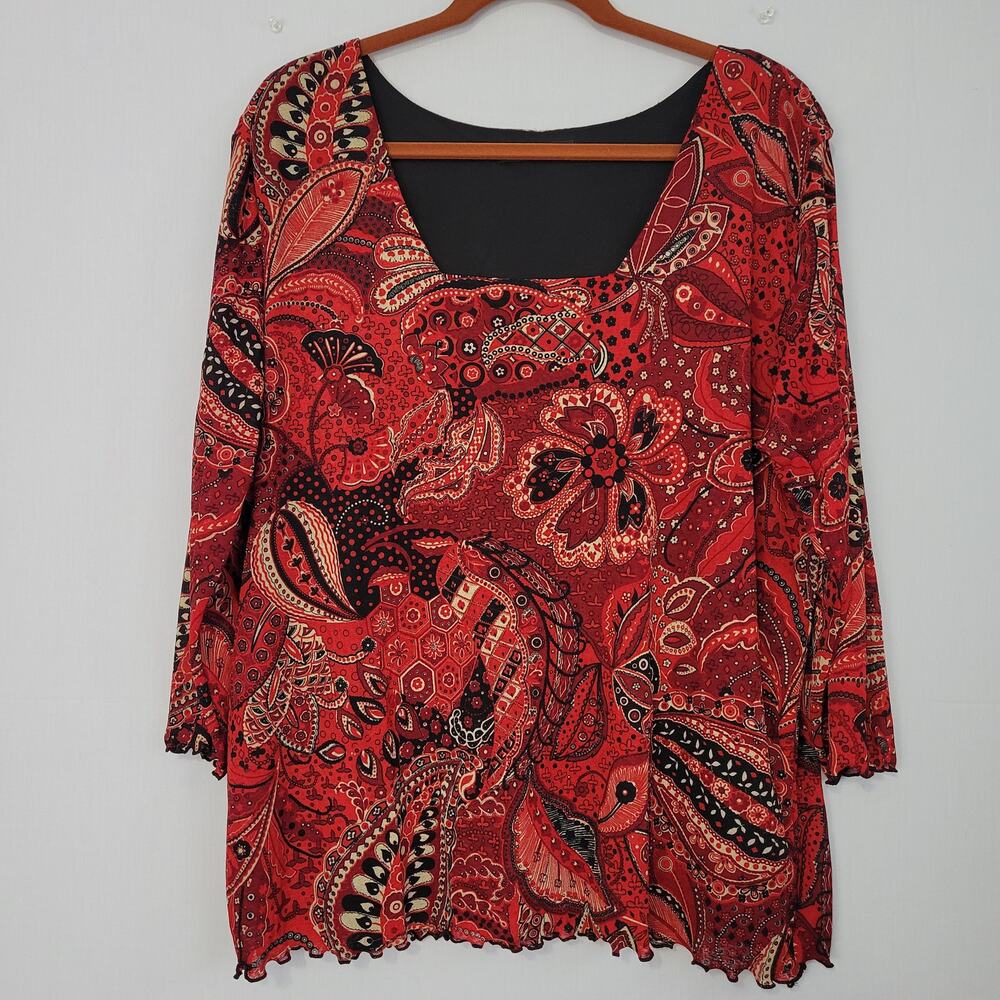 Vintage Y2K Floral Paisley 3/4 Sleeve Top sz 2X Red Whimsigoth Fairy Grunge USA